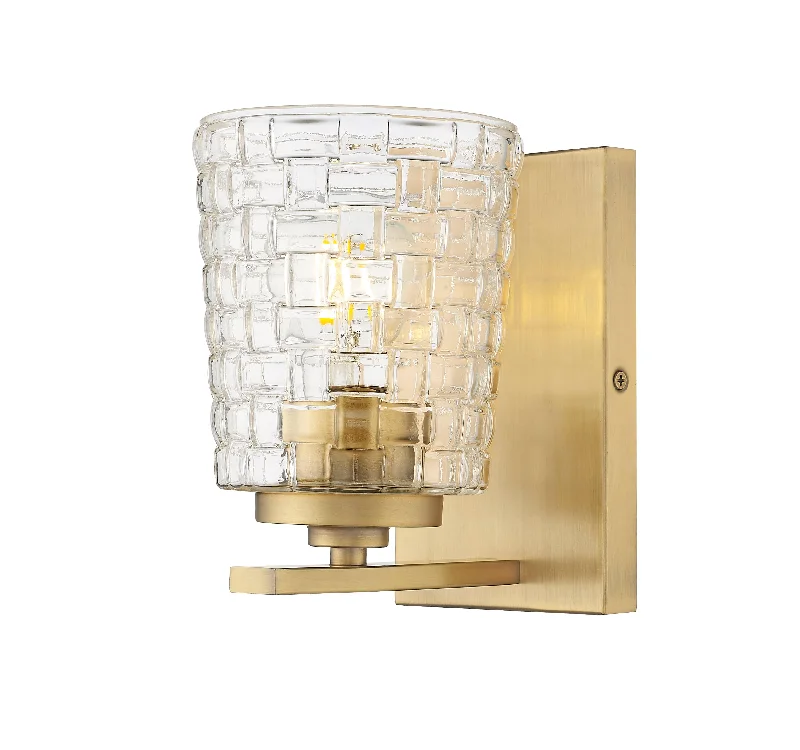 Industrial Area Lighting for Large Open SpacesSaben Wall Sconce - Vintage Brass - Clear Woven Lattice Glass - 6.5in. Extension - E26 Medium Base
