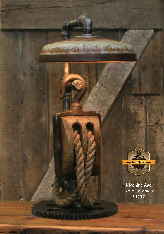 Industrial Lighting for Printing Press FacilitiesSteampunk Industrial / Antique Block and Tackle / Antique Chicken Feeder Shade / Gear / Lamp #1837 sold