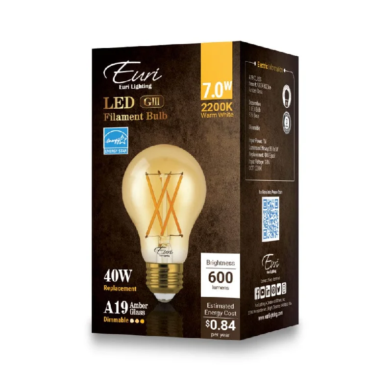 Industrial Lighting for Metal Fabrication Shops7W A19 Dimmable Vintage LED Bulb - 320 Degree Beam - E26 Base - 600 Lm - 2200K Amber Glass