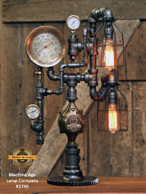 High - Bay LED Industrial Lighting for WarehousesSteampunk Industrial Lamp / Antique Railroad Locomotive Steam Gauge / Wilmending PA / Lamp #1740 sold