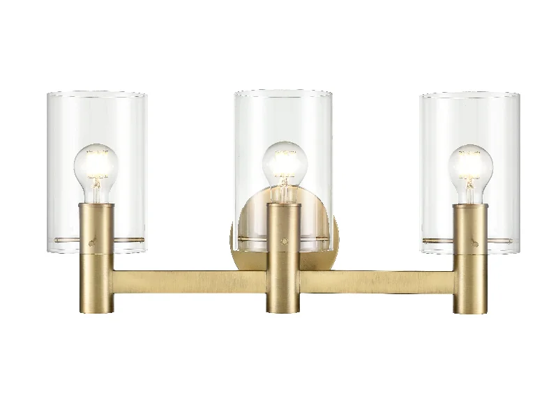 Waterproof Industrial Lighting for Wet Areas3 Lamps Apolla Vanity Light - Vintage Brass - Clear Glass - 24in. Wide