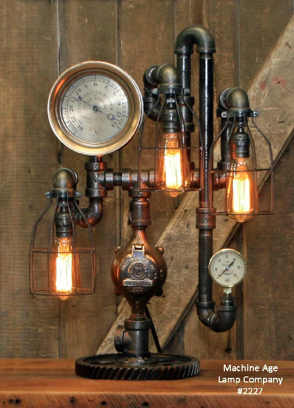 Industrial Exit Sign Lighting for Quick EvacuationSteampunk Industrial / Antique Steam Gauge / Camden NJ / Gear Base / Lamp #2227