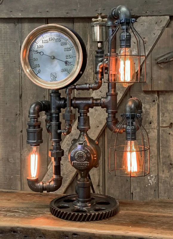 Industrial Ceiling - Mounted Lighting for Assembly PlantsSteampunk Industrial / 8" Steam Gauge / Gear  / Gear Base / Lamp #2567