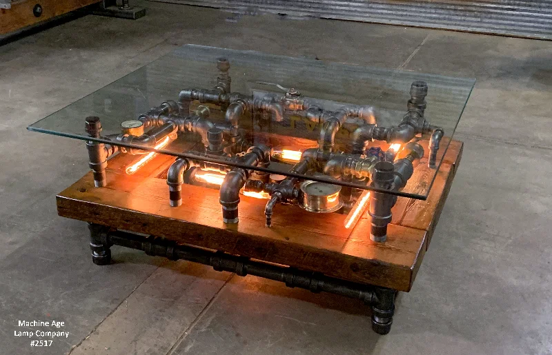 Industrial Emergency Lighting for Safety in FactoriesSteampunk Industrial Barnwood Coffee Table / Machine Age Lamps / Steam Gauge Table  #2517