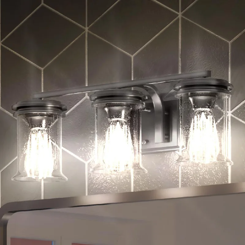 Dimmable Industrial Lighting for Ambiance ControlUHP3760 French Rustic Bath Vanity Light, 7.25"H x 23.75"W, Brushed Nickel Finish, Missoula Collection