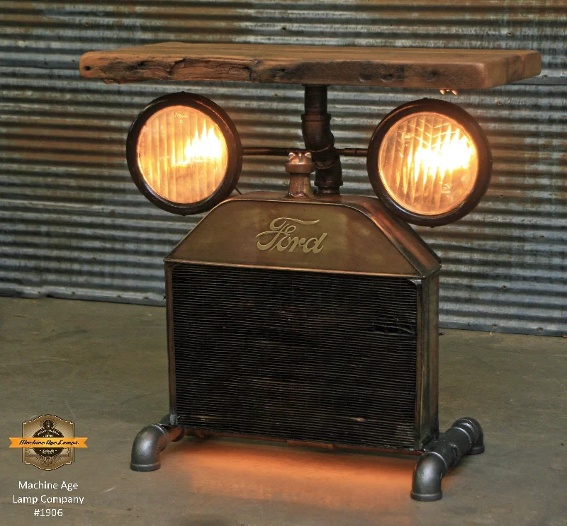 Industrial Lighting for Textile MillsSteampunk Industrial Table / Antique Ford Model T Radiator and Headlamps / Barnwood / Table #1906