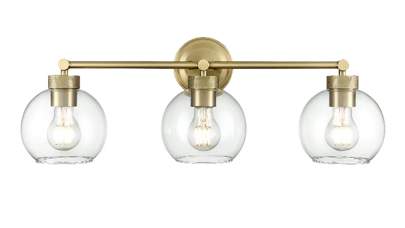 Industrial Lighting for Furniture Factories3 Lamps Jonatan Vanity Light - Vintage Brass - Clear Glass - 25in. Wide