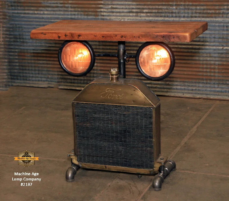 Industrial Exit Sign Lighting for Quick EvacuationSteampunk Industrial Table / Antique Ford Model T Radiator and Headlamps / Automotive  / Barnwood / Table #2187 sold