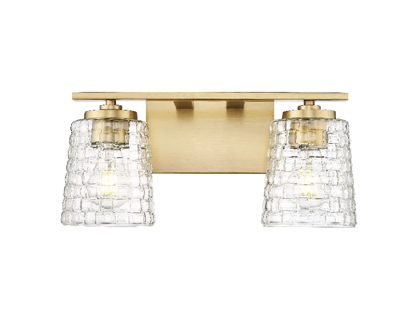 Industrial Lighting with High CRI (Color Rendering Index) for True Color Perception2 Lamps Saben Vanity Light - Vintage Brass - Clear Woven Lattice Glass - 15in. Wide