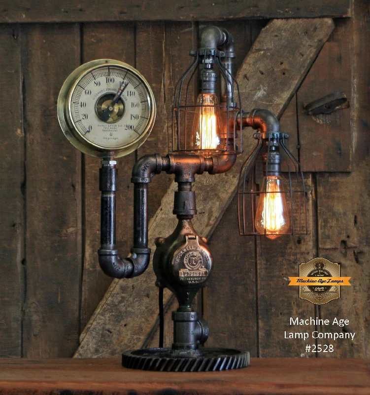 High - Bay LED Industrial Lighting for WarehousesSteampunk Industrial / Antique Steam Gauge / Gear Base / Lamp #2528
