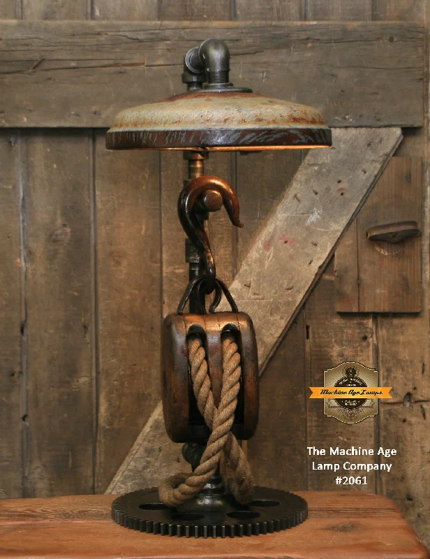 Industrial Lighting for Food Processing FactoriesSteampunk Industrial / Antique Wood Block and Tackle Pulley  / Antique Chicken Feeder Shade / Gear / Lamp #2061