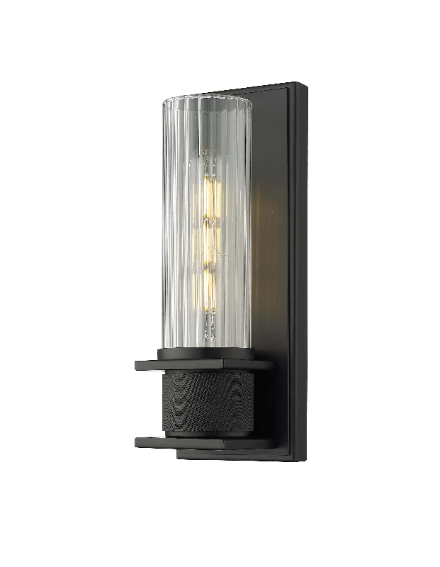 Industrial Lighting with High CRI (Color Rendering Index) for True Color PerceptionSingle Wall Sconce - Matte Black - Clear Striped Glass - 4in. Extension - E26 Medium Base