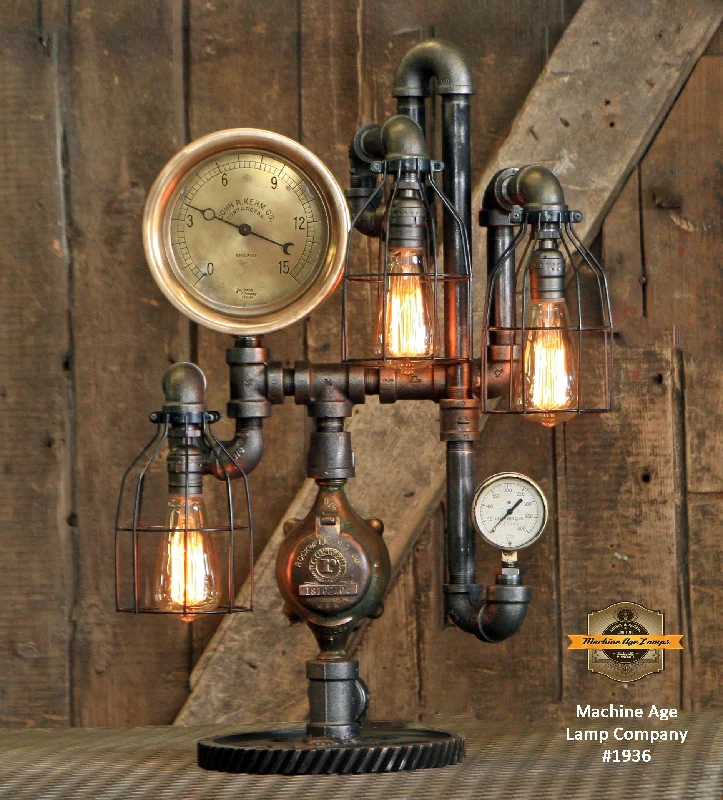 Industrial Exit Sign Lighting for Quick EvacuationSteampunk Industrial / Antique 8" Steam Gauge Lamp / Gear Base / Lamp #1936 sold