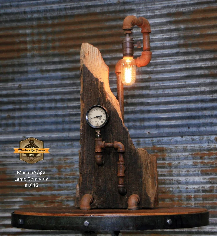 Industrial Flood Lighting for Outdoor Loading DocksSteampunk Industrial Lamp / Antique barn wood and steam gauge / Lamp #1646