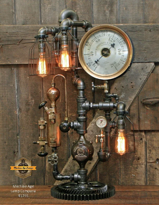 High - Bay LED Industrial Lighting for WarehousesSteampunk Industrial Lamp / Antique Steam Gauge / Brass Oiler / Gear / Racine Wi / Lamp #1755