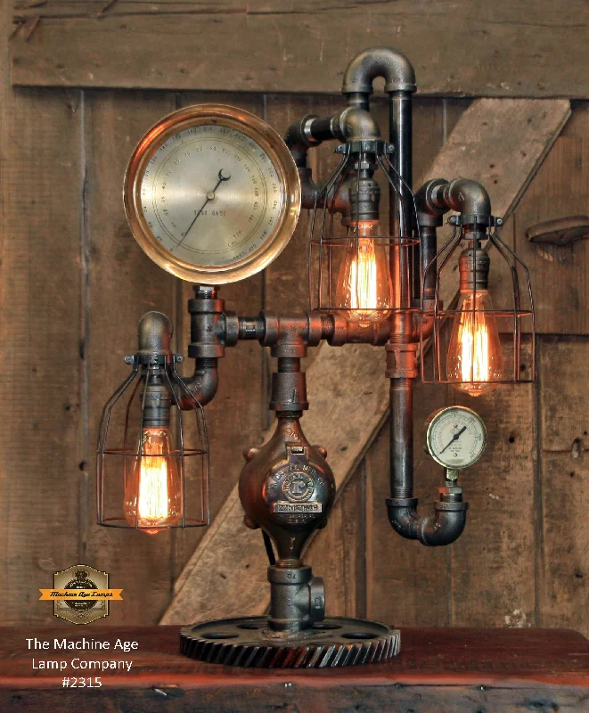 Low - Bay Industrial Lighting Fixtures for Small FactoriesSteampunk Industrial / Antique Steam Gauge  / Gear Base / Lamp #2315