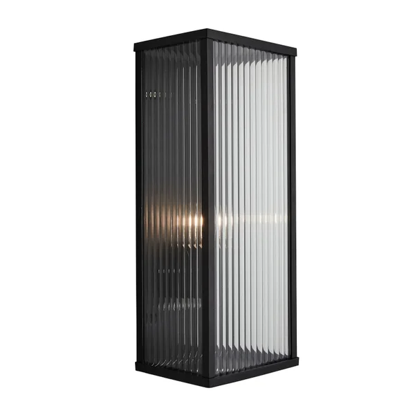 Memphis 1 Light E27 Box Frame Lantern w Ribbed Glass - Black