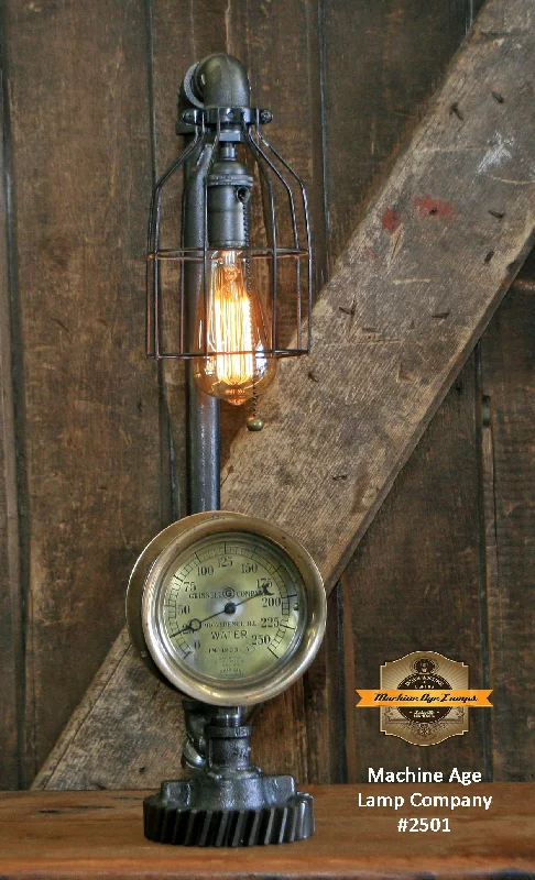 Industrial Flood Lighting for Outdoor Loading DocksSteampunk Industrial Lamp / Antique Steam Gauge / Gear / Boston / Lamp #2501