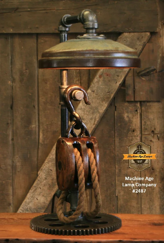 Industrial Lighting for Chemical PlantsSteampunk Industrial / Antique Wood Block and Tackle Pulley  / Antique Chicken Feeder Shade / Gear / Lamp #2487 sold