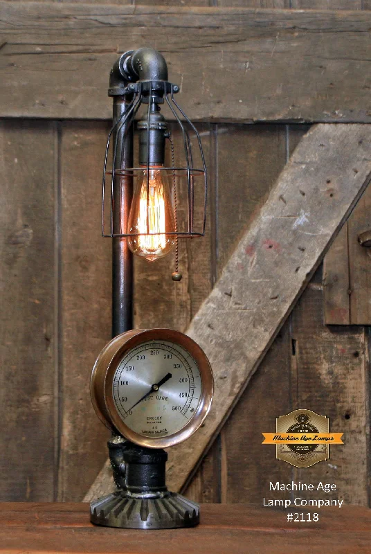 Adjustable Industrial Lighting for Flexible IlluminationSteampunk Industrial Lamp / Antique Steam Test Gauge / Gear / Boston / Lamp #2118
