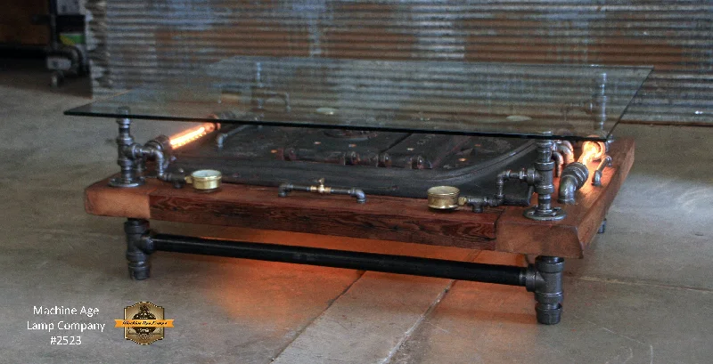 Industrial Wall - Mounted Lighting for Workshop WallsSteampunk Industrial Barnwood Coffee Table / Machine Age Lamps / Steam Gauge / Boiler Door /  Table  #2533