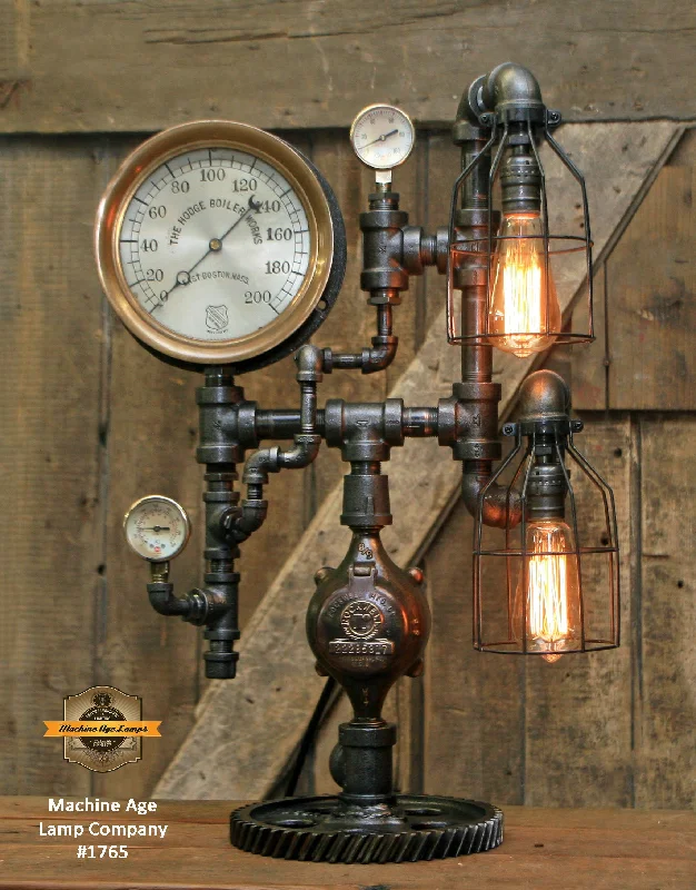 Industrial Lighting for Electronics ManufacturingSteampunk Industrial Pipe Lamp / Antique Steam Gauge / Gear / Boston / Lamp #1765