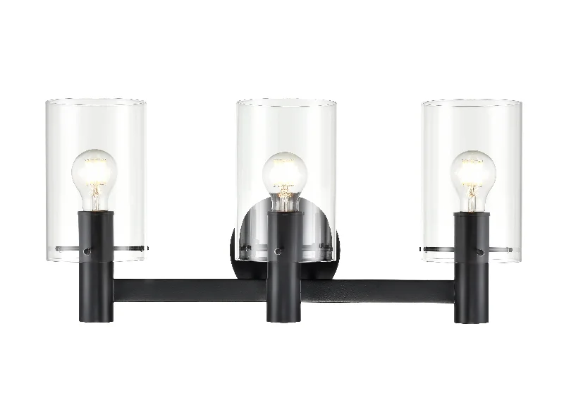 Industrial Flood Lighting for Outdoor Loading Docks3 Lamps Apolla Vanity Light - Matte Black - Clear Glass - 24in. Wide