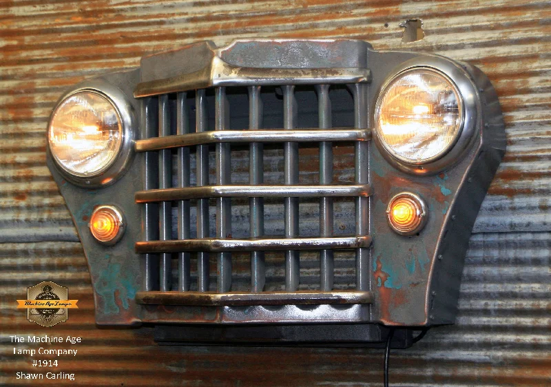 Industrial Ceiling - Mounted Lighting for Assembly PlantsSteampunk Industrial Light / Antique CJ Willys Jeep Grille / Wall Sconce Hanger / Lamp #1914