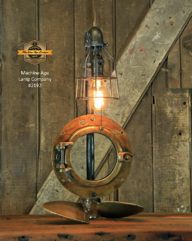 Industrial Pendant Lighting for Machine ShopsSteampunk Industrial Lamp / Antique ship port window / Antique Propeller / Boat / Nautical / #2192