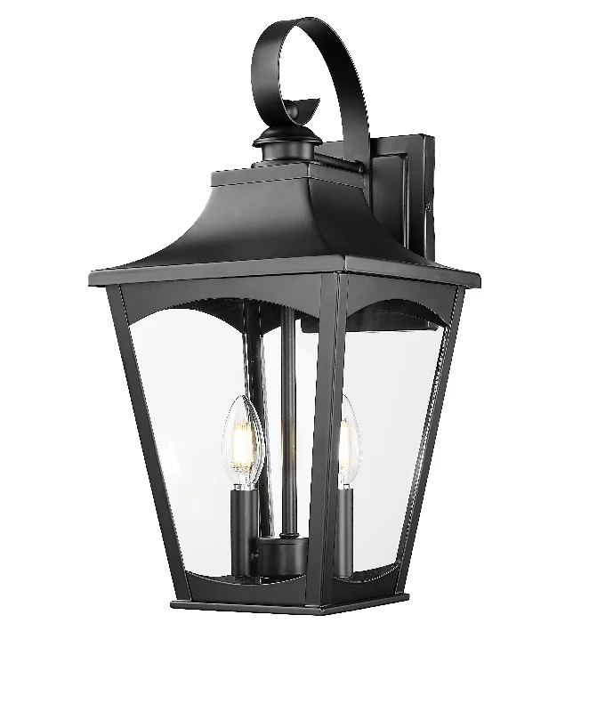 High - Bay LED Industrial Lighting for WarehousesCurry Outdoor Wall Sconce - Powder Coated Black - Clear Glass - 10in. Extension - E26 Candelabra Base