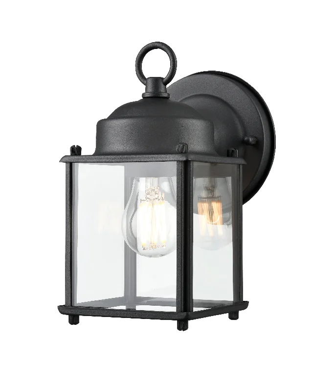Industrial Lighting for Metal Fabrication ShopsOutdoor Wall Sconce - Textured Black - Clear Glass - 5.8in. Extension - E26 Medium Base