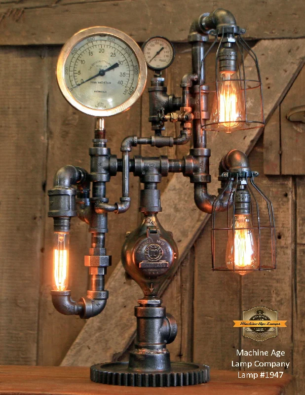 Industrial Wall - Mounted Lighting for Workshop WallsSteampunk Industrial Lamp / Roselle NJ / Steam Gauge / Gear / Lamp #1947  - sold