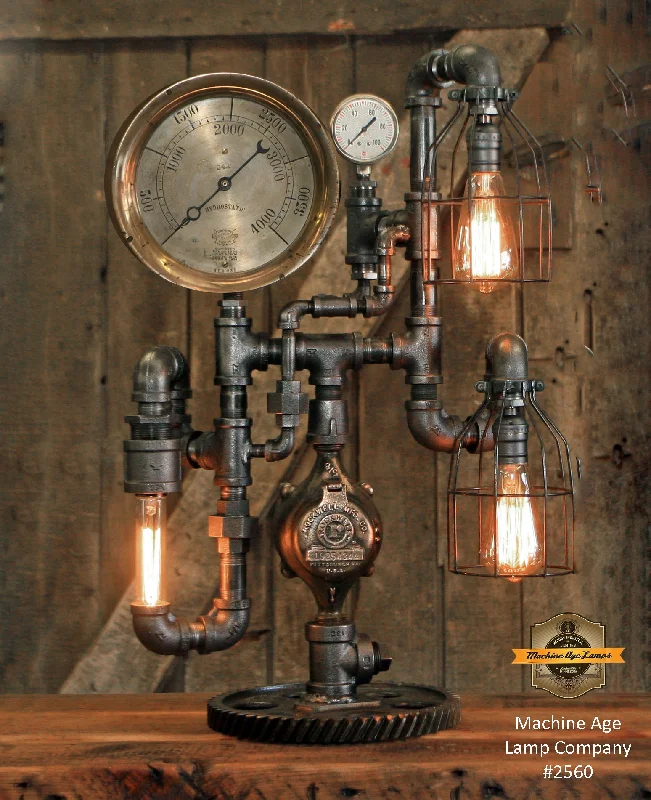 Industrial Ceiling - Mounted Lighting for Assembly PlantsSteampunk Industrial / 8" Steam Gauge / Gear  / Gear Base / Lamp #2560