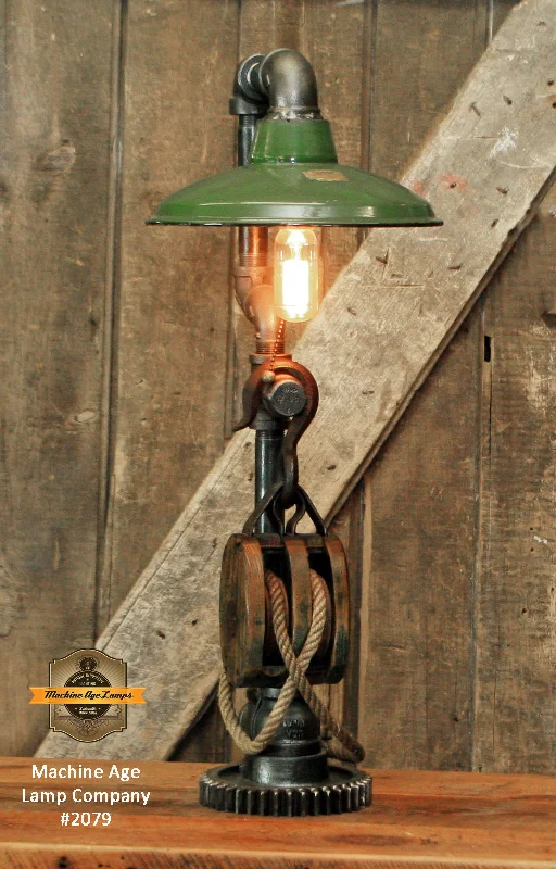 Industrial Lighting for Chemical PlantsSteampunk Industrial Machine Age Lamps / Barm Pulley / Green Shade / Gear / Lamp #2079