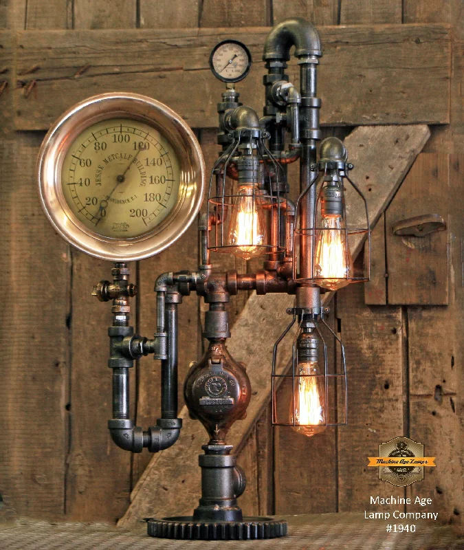 Industrial Lighting for Textile MillsSteampunk Industrial / Antique Steam Gauge Lamp / Metcalf / Providence RI / Lamp #1940