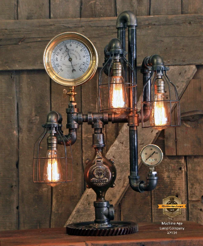 Industrial Lighting for Pharmaceutical ManufacturingSteampunk Industrial / Antique Steam Gauge / Camden NJ / Gear Base / Lamp #2134