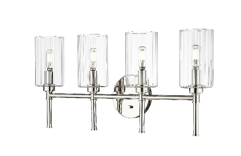 Industrial Lighting for Textile Mills4 Lamps Chastine Vanity Light - Polished Nickel - Clear Beveled Glass - 25.5in. Wide