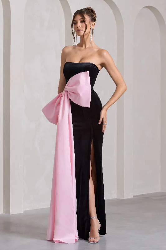 Best Wishes | Black Velvet Bandeau Split Maxi Dress With Oversized Pink Bow