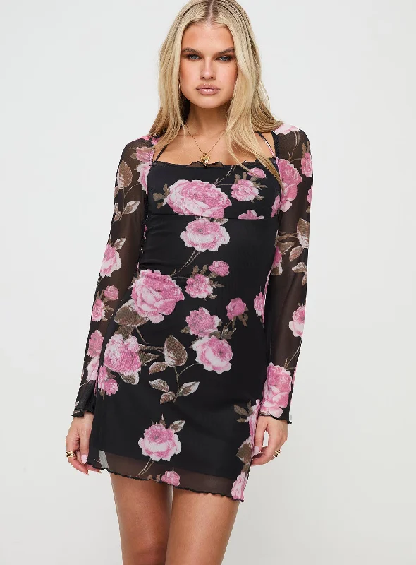 Bilbao Long Sleeve Mini Dress Black / Floral