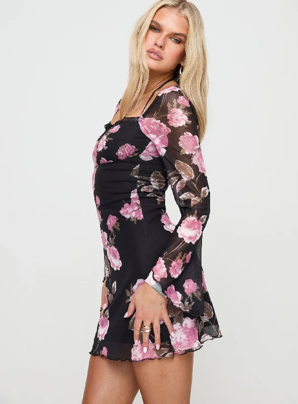 Bilbao Long Sleeve Mini Dress Black / Floral