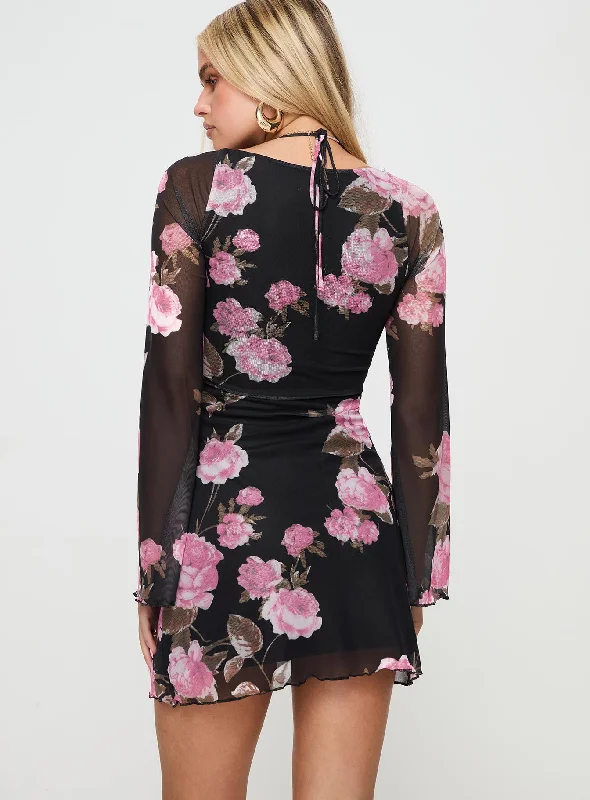 Bilbao Long Sleeve Mini Dress Black / Floral