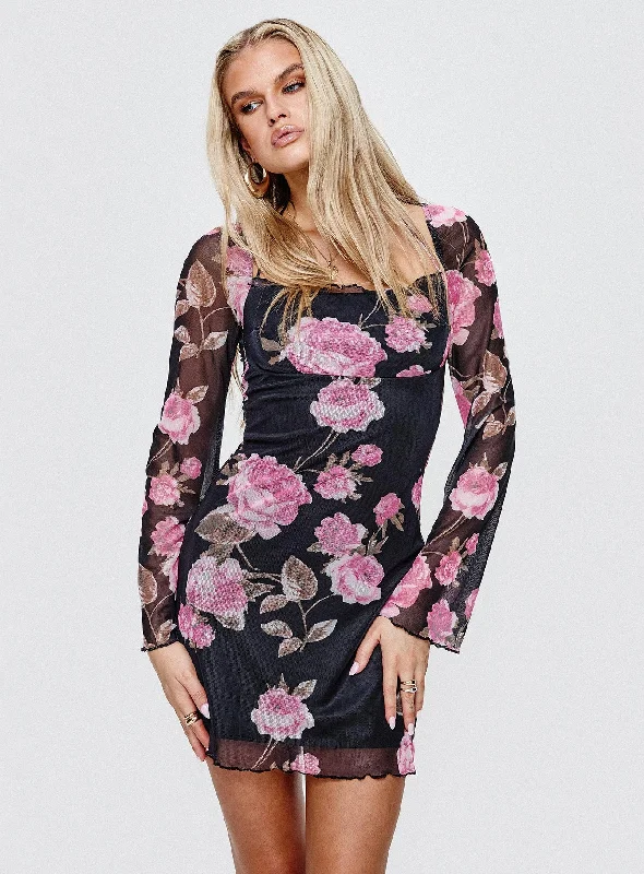 Bilbao Long Sleeve Mini Dress Black / Floral