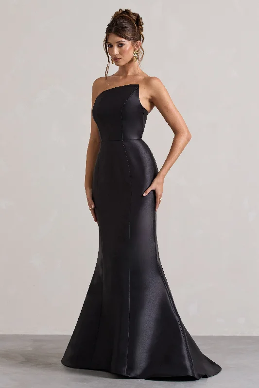 Define | Black Satin Asymmetric Fishtail Maxi Dress