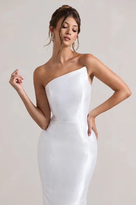 Define | White Satin Asymmetric Fishtail Maxi Dress