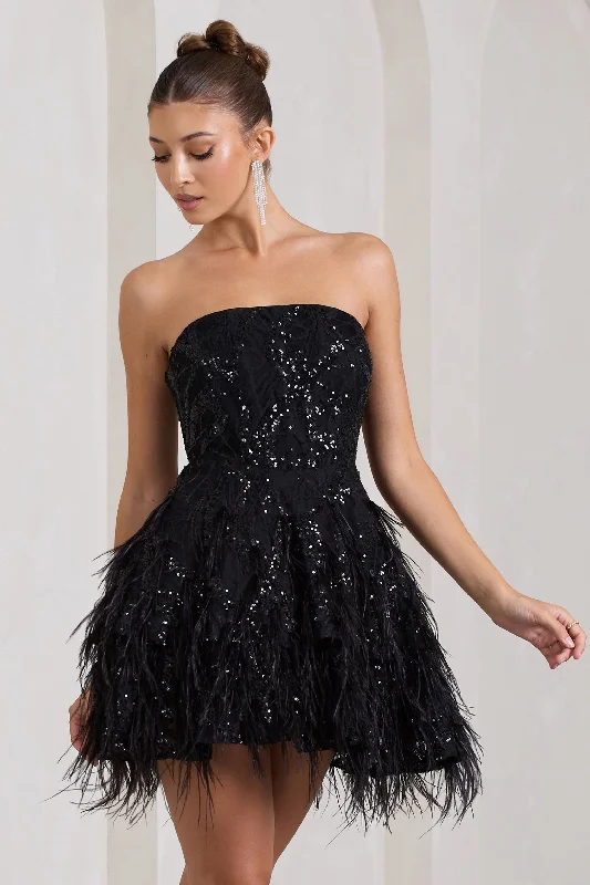 Little Wish | Black Sequin Lace Strapless Mini Dress With Feathers