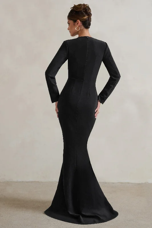 Reba | Black Plunge Long Sleeve Structured Maxi Dress with Front Split