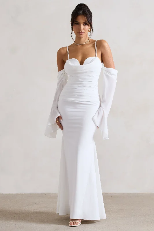 Rhiannon | Cream Draped Flared-Sleeve Fishtail Maxi Dress