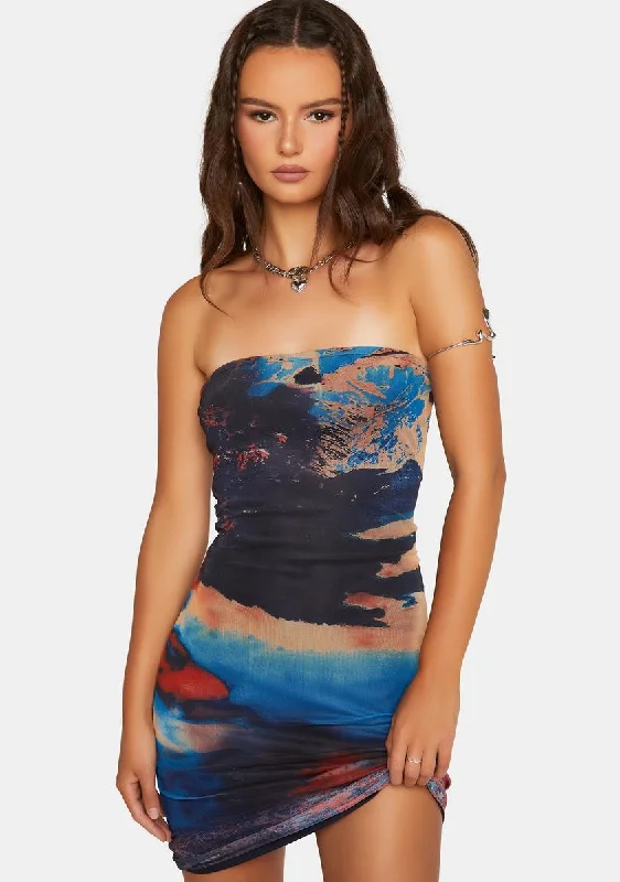 Scenic Print Mesh Strapless Mini Dress