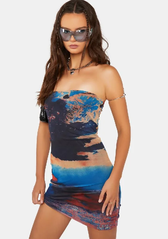 Scenic Print Mesh Strapless Mini Dress