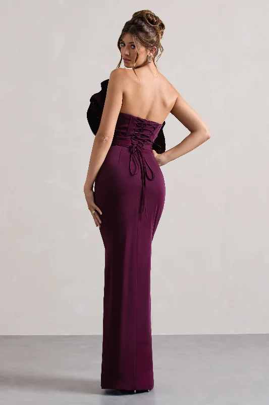 Set The Bar | Plum Ruffled Strapless Split Maxi Dress